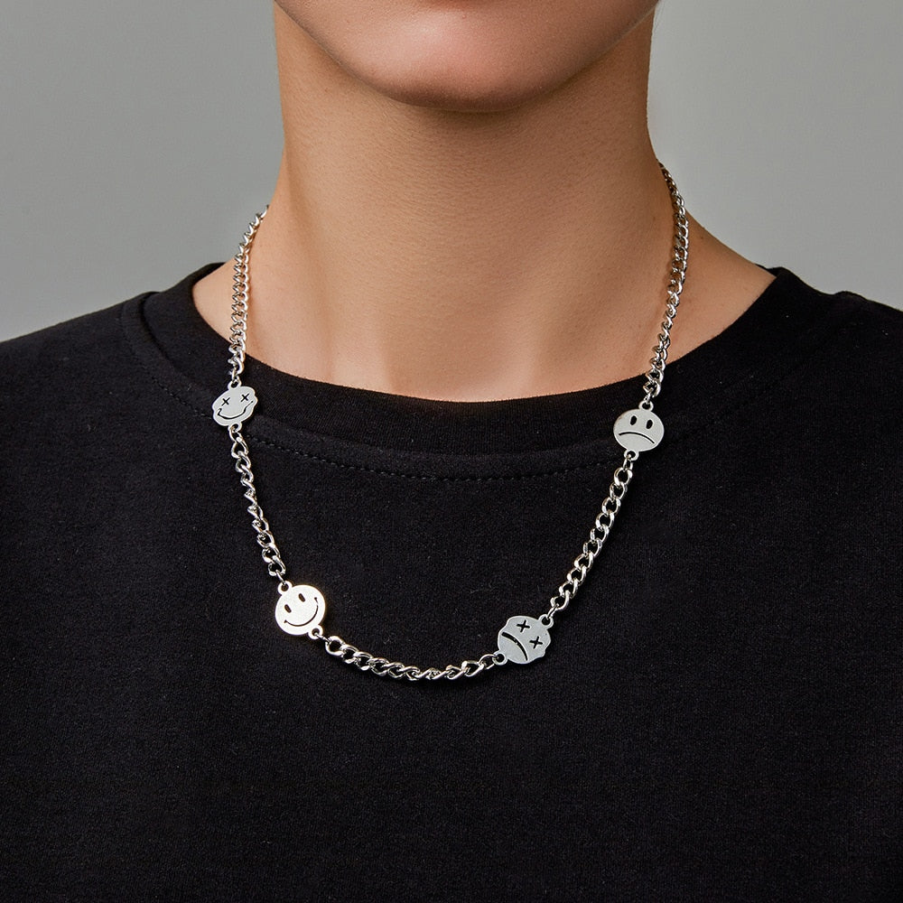 2021  Jewelry Korean Rotating Smiley Street Couple Double Face Expression Necklace for Women Kpop Necklace Pendant