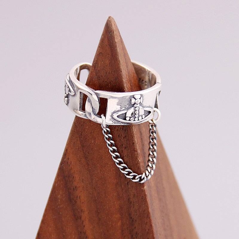 2021 Retro Saturn Chain Ring Planet Rings Silver Color Braided Chain Personality Adjustable Opening Finger Ring
