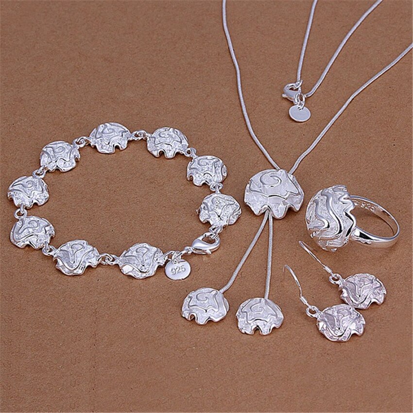 25 sterling Silver Jewelry set rose flower rings Bracelet necklace earring for women Party wedding accessories gifts