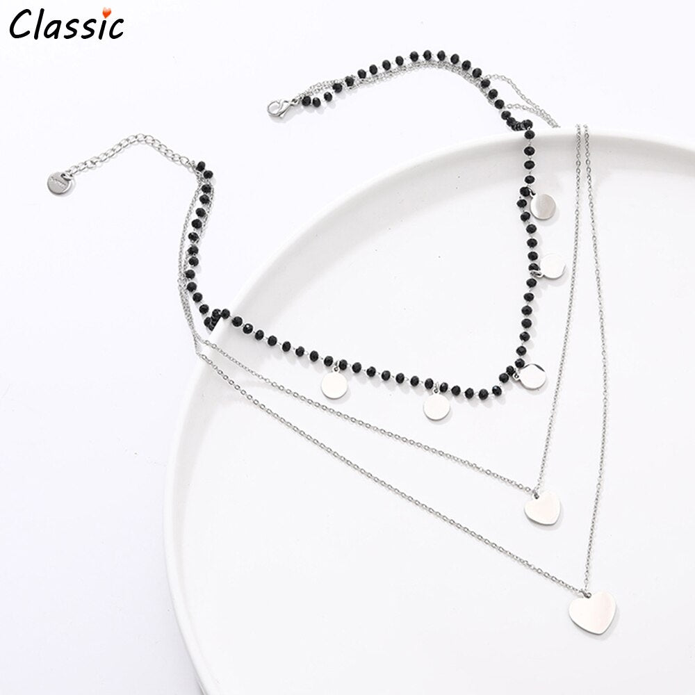 3 Layer Black Beads Chain Love Heart Pendent Stainless Steel Necklaces For Woman Silvery Link Chain Necklace Vintage Jewelry
