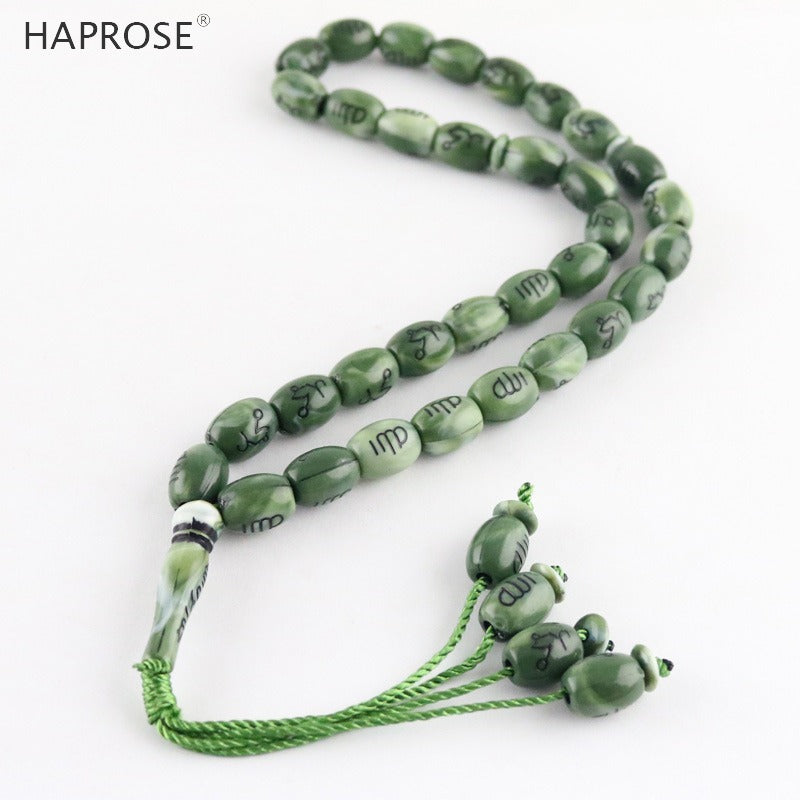 New 33 Bead Bracelet Islam Muslim Allah Sculpting Text Bead Green Allah Beads Hand Bracelet 10*13mm tasbih Memorial Gift
