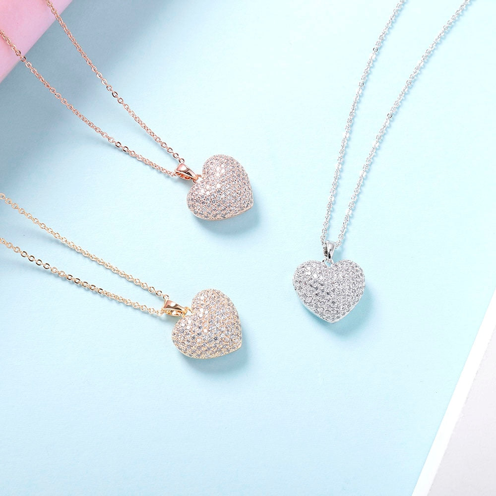 3D Love Heart Necklaces for Women Gold Silvery Thin Link Chain CZ Zircon Small Heart Choker Jewelry Wedding Gifts