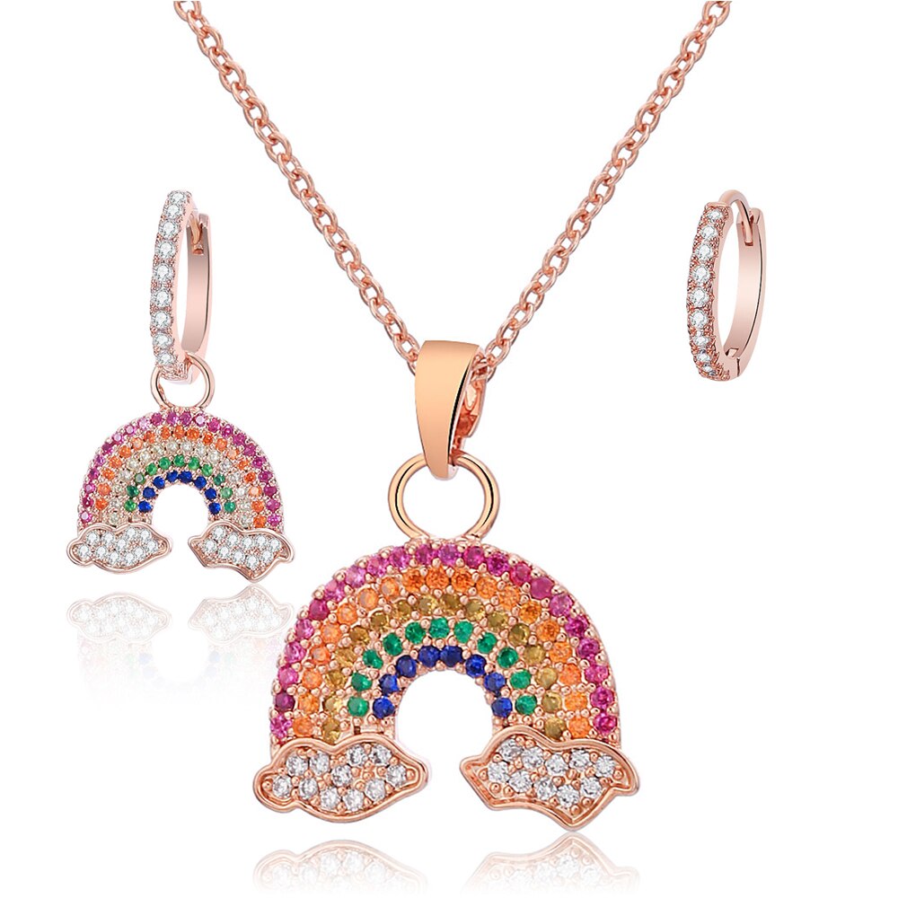 3pcs/set Jewelry Sets CZ Zircon Rainbow Pendant Necklace Hoop Earrings Cute Charms Jewelry For Women Gift