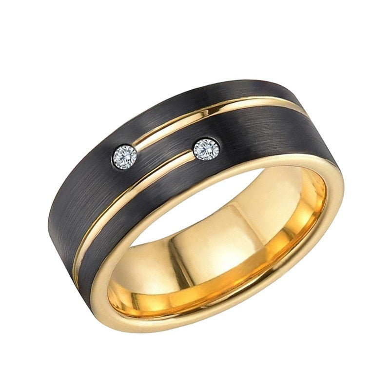 8Mm Men's Black Brushed Tungsten Ring Zircon Inlaid Gold Grooved Line Ring Men's Wedding Band Jewelry Gift Size 6-13