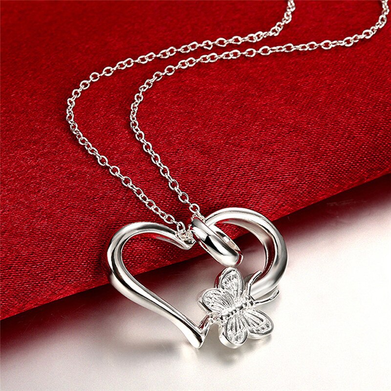 925 Sliver Butterfly in Heart Pendant Link Chain Or Beads Chain Jewelry For Women &Girls Trendy anniversary Gift