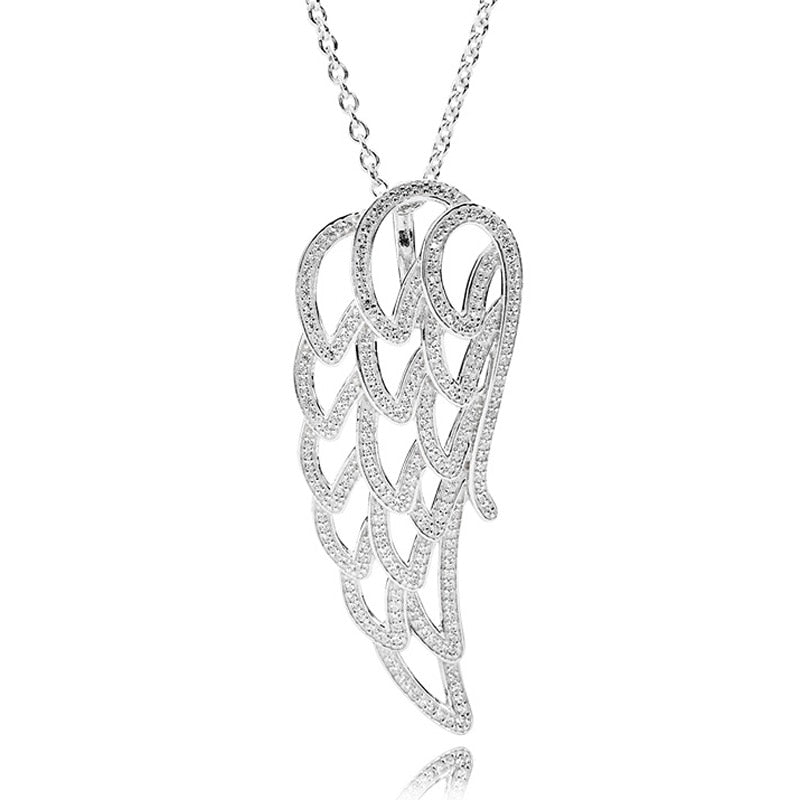 New 925 Sterling Silver Necklace Angel Wing With Clear Cubic Zirconia Pendant Necklaces For Women Wedding Gift Fine Jewelry