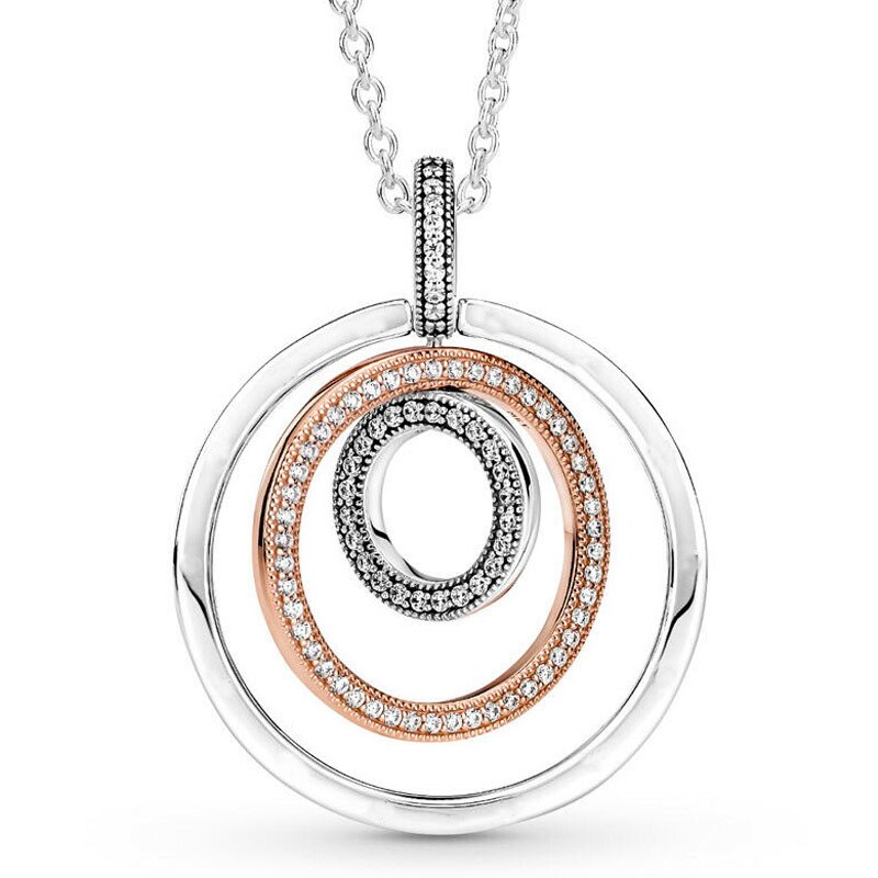 925 Sterling Silver Necklace Two-tone Circles Pendant With Crystal Chain Necklace For Women Pandora Bead Charm DIY Jewelry