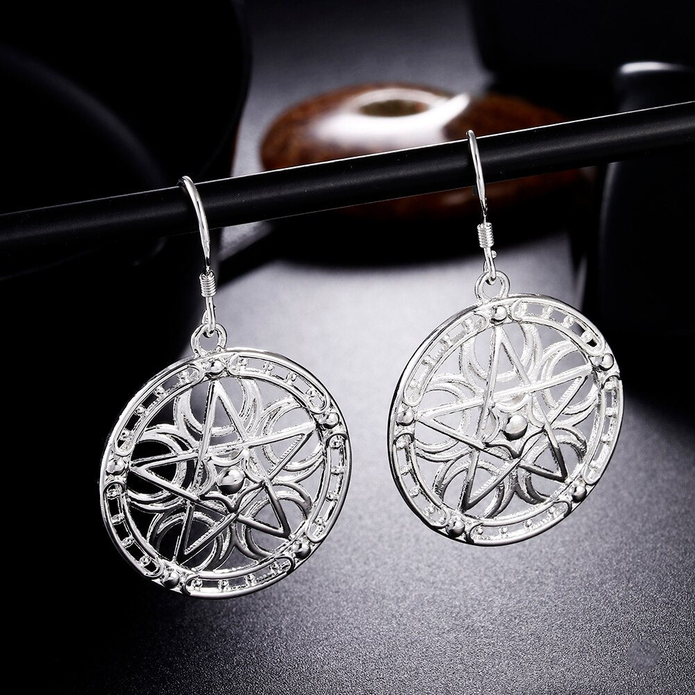925 Sterling Silver Pretty Carved five-pointed star Earrings for Women  wedding Party Jewelry Gifts