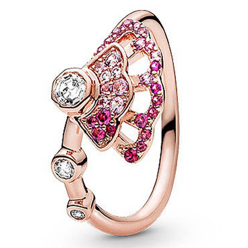 925 Sterling Silver Ring Bar Stacking Signature Triple Beaded Pave Band Radiant Teardrop Pink Fan For Women Pandora Jewelry