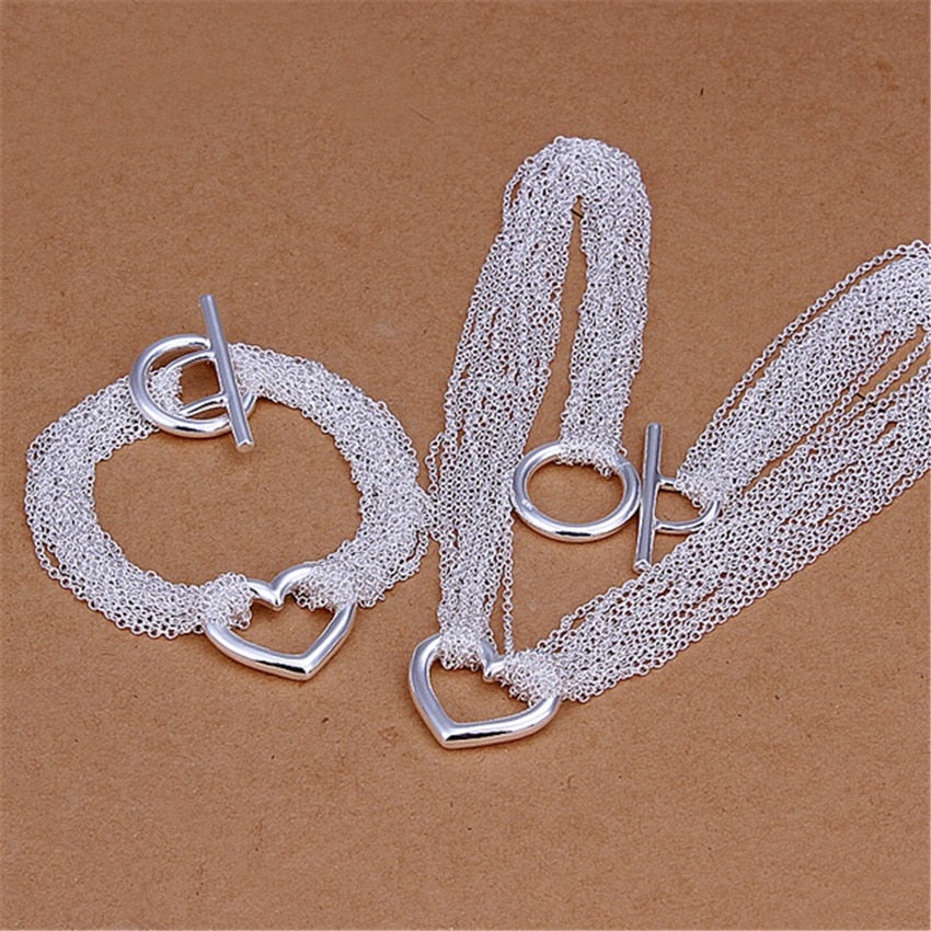 925 sterling Silver romantic charms Tassel Heart bracelets neckalce jewelry sets for women Party wedding gifts