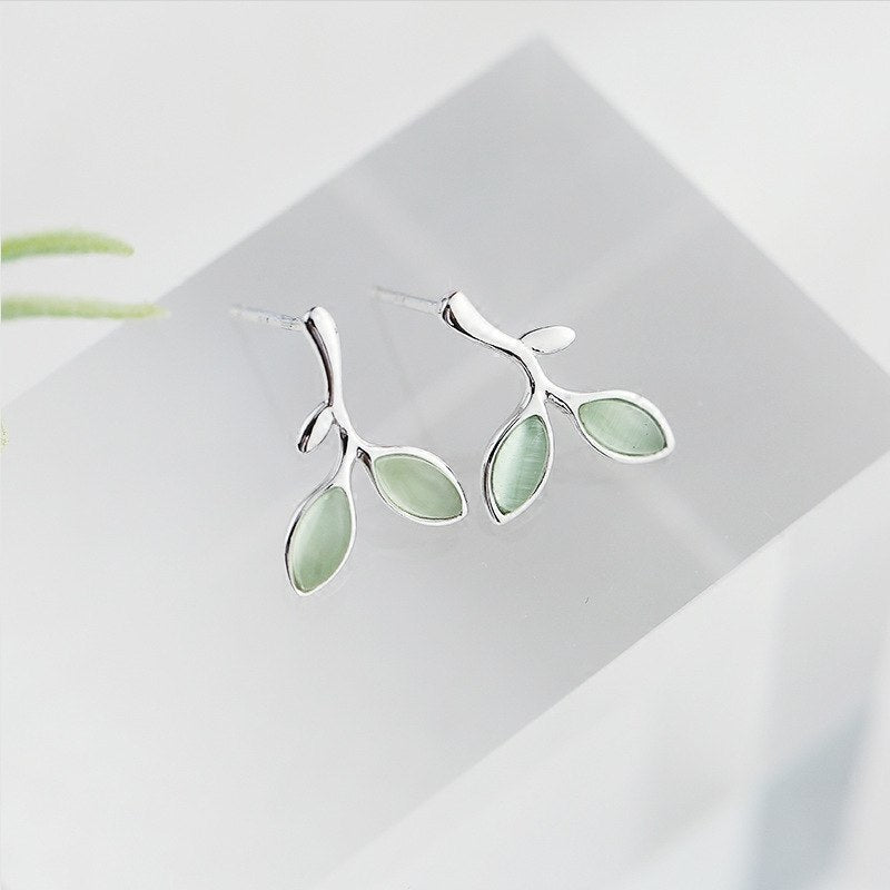 New 925 sterling silver cat's eye stone stud earings nature stone leafs earring small fresh personality earrings for women's