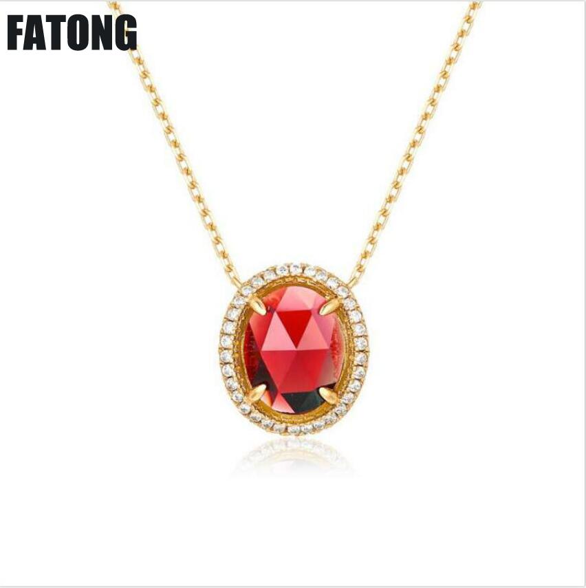 New 925 sterling silver egg-shaped powder crystal garnet topaz necklace retro style simple jewelry female. J0141