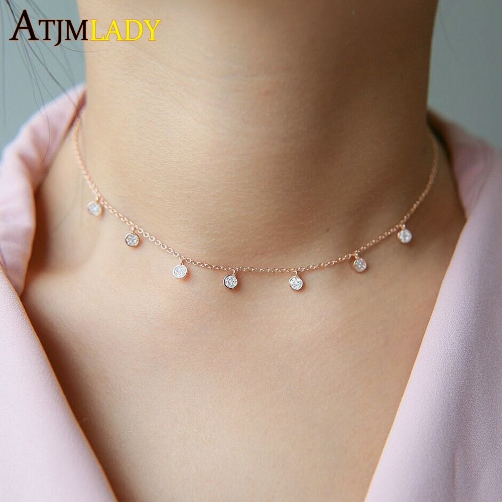 New 925 sterling silver pave c tiny cute disco drip drop fashion rose gold jewelry choker charm necklace
