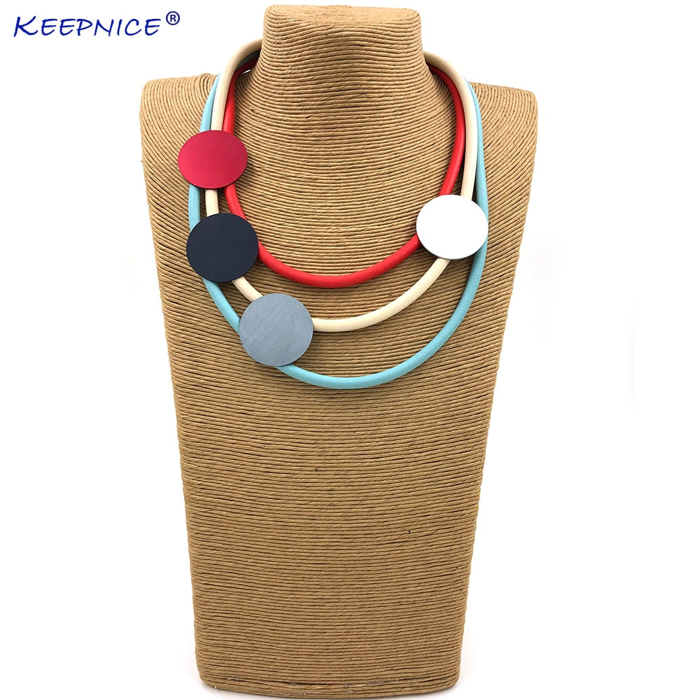 Aluminum round shape charm Rubber rope multi layers statement choker necklace clothes accessories  for office lady