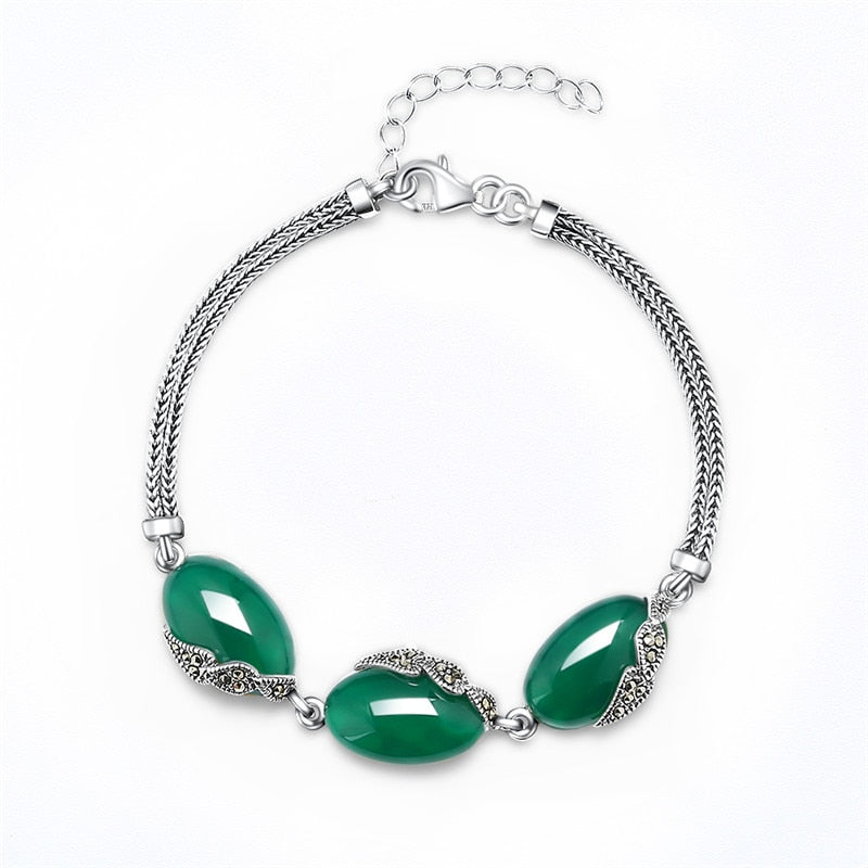New Arrival 18-21cm 925 Sterling Silver Charm Bracelets Vintage Chalcedony/Garnet Bracelet for Women Female Fine Jewelry