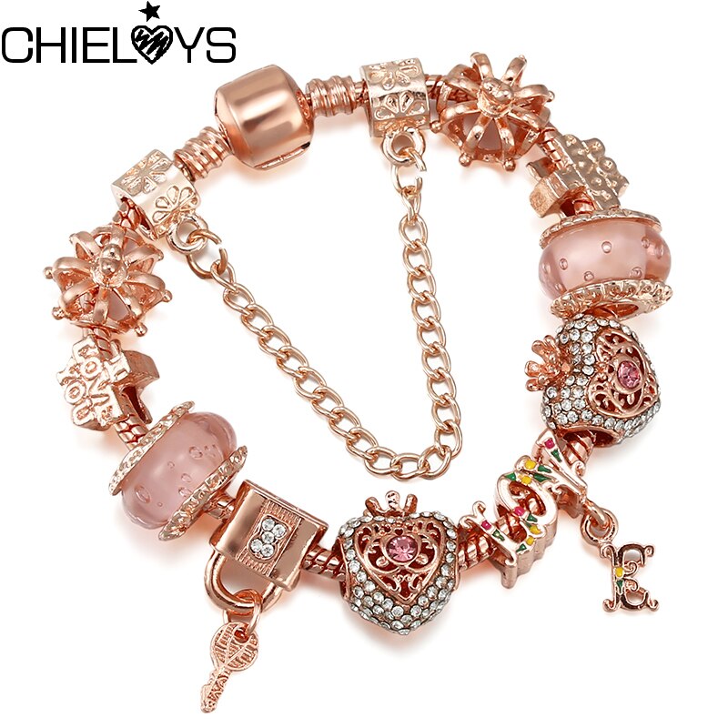 Crown Key Lock Pendant Bracelet With Rose Gold Beads Charm Bracelets For Women Girlfriend Jewelry Gift