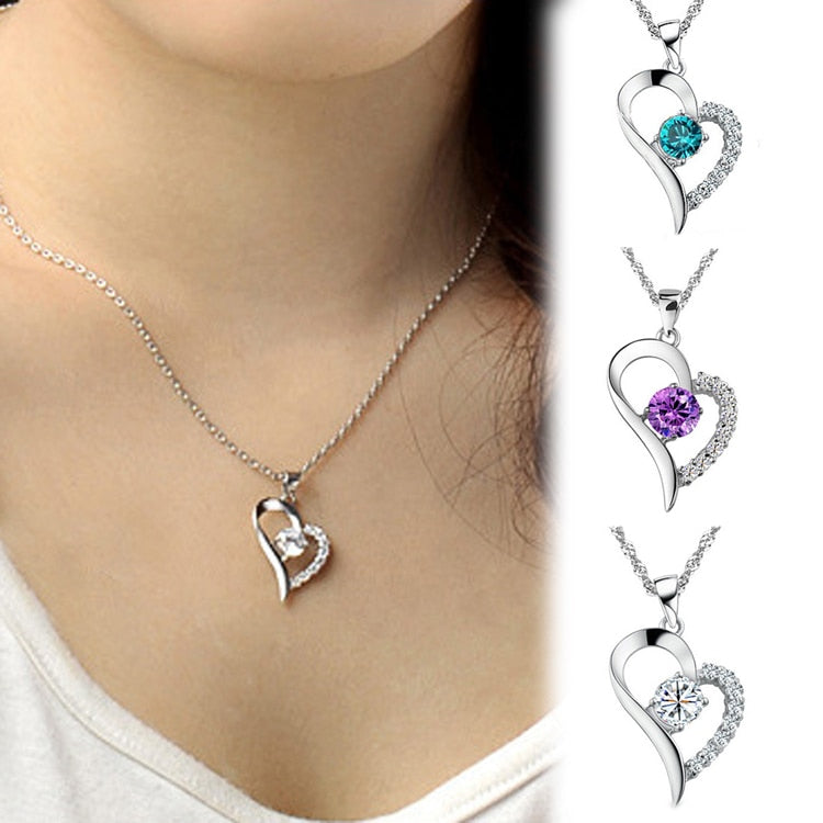 New Arrival Heart Shaped Rhinestone Pendant & Chain Necklace Fine Jewelry Blue Purple White Drop Shipping NL-0564