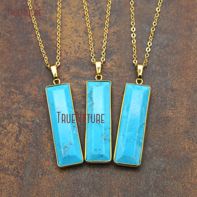 New Arrival Man Made Turquoises Necklace Chains Women Jewelry Oblong Bar Charm Single Bail Necklace In 18 inch NM11134