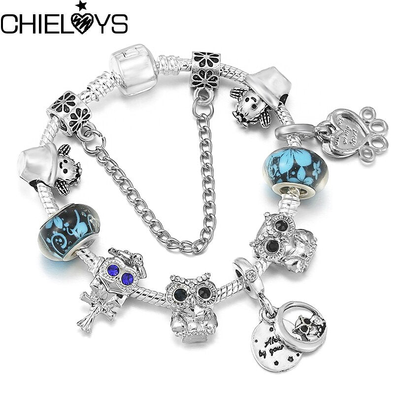 Silver Color Crystal Lovely Owl Pendant Charm Bracelets With Cactus Beads Brracelets For Women Men Jewelry Gift