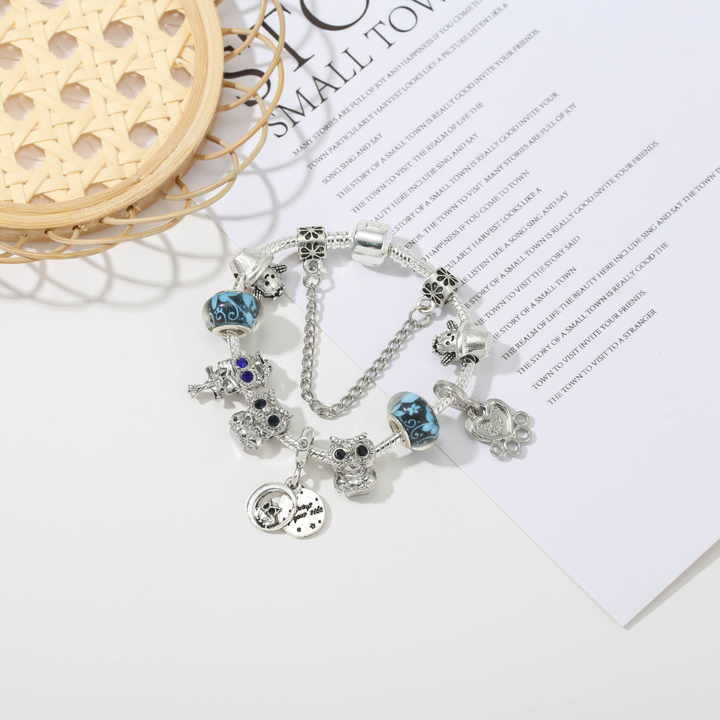 Silver Color Crystal Lovely Owl Pendant Charm Bracelets With Cactus Beads Brracelets For Women Men Jewelry Gift