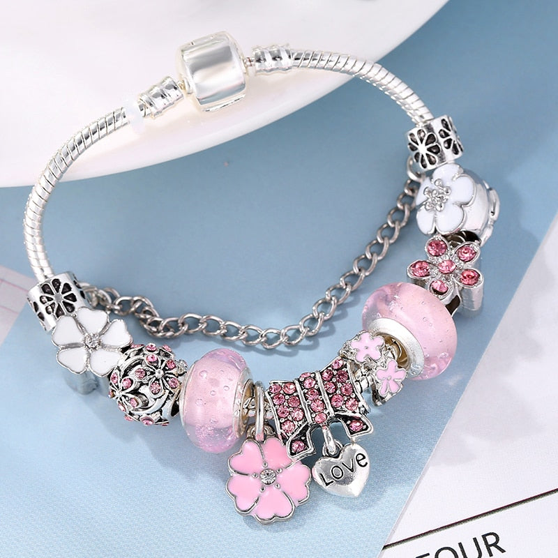 Silver Plated Love Key Charm Bracelet With Blue Crystal Beads DIY Brand Bracelets Bangles For Women Girlfriend Gift