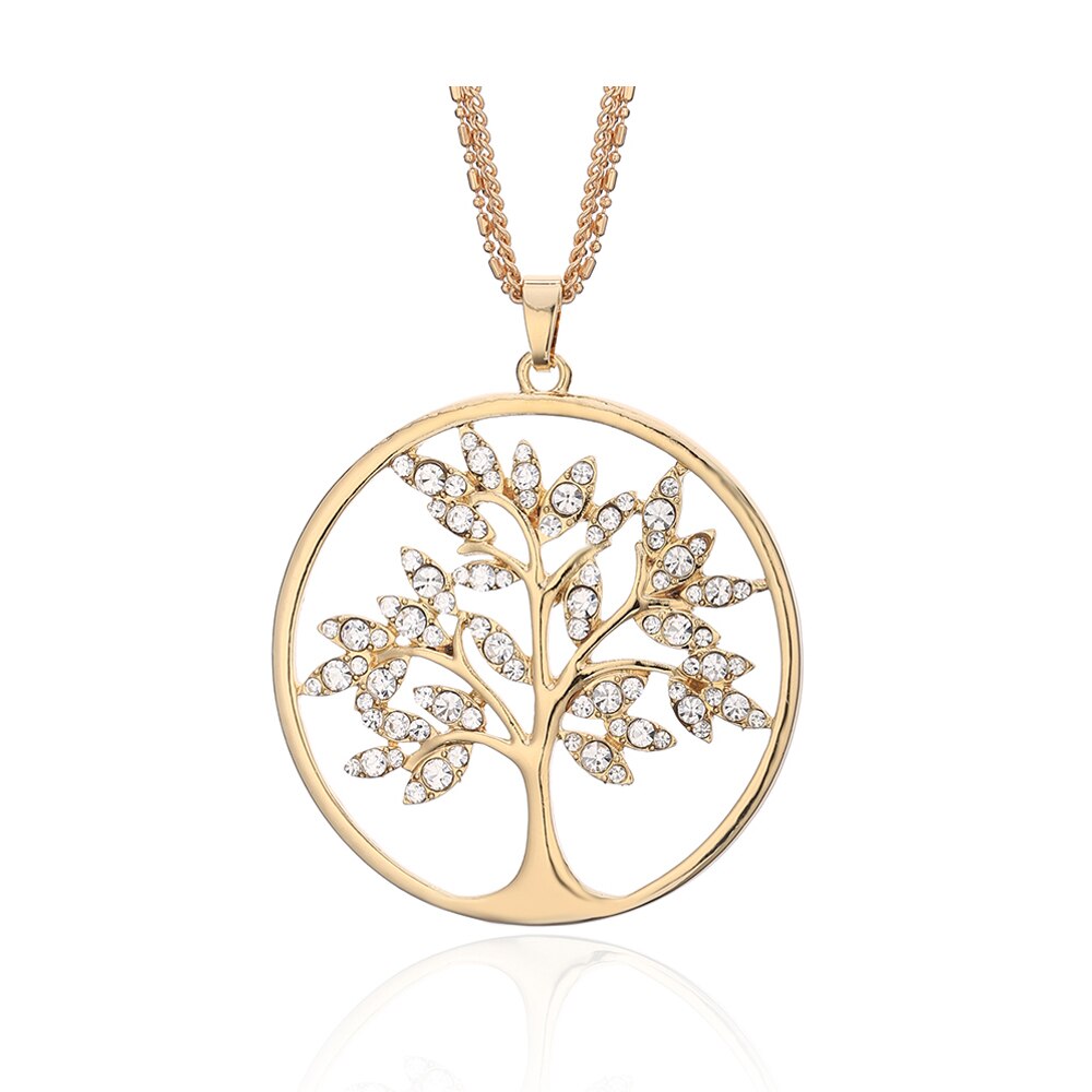 Tree Of Life Necklace Gold Color Long 3-layer Composite Chain Big Crystal Round Pendant Necklaces For Woman Jewelry