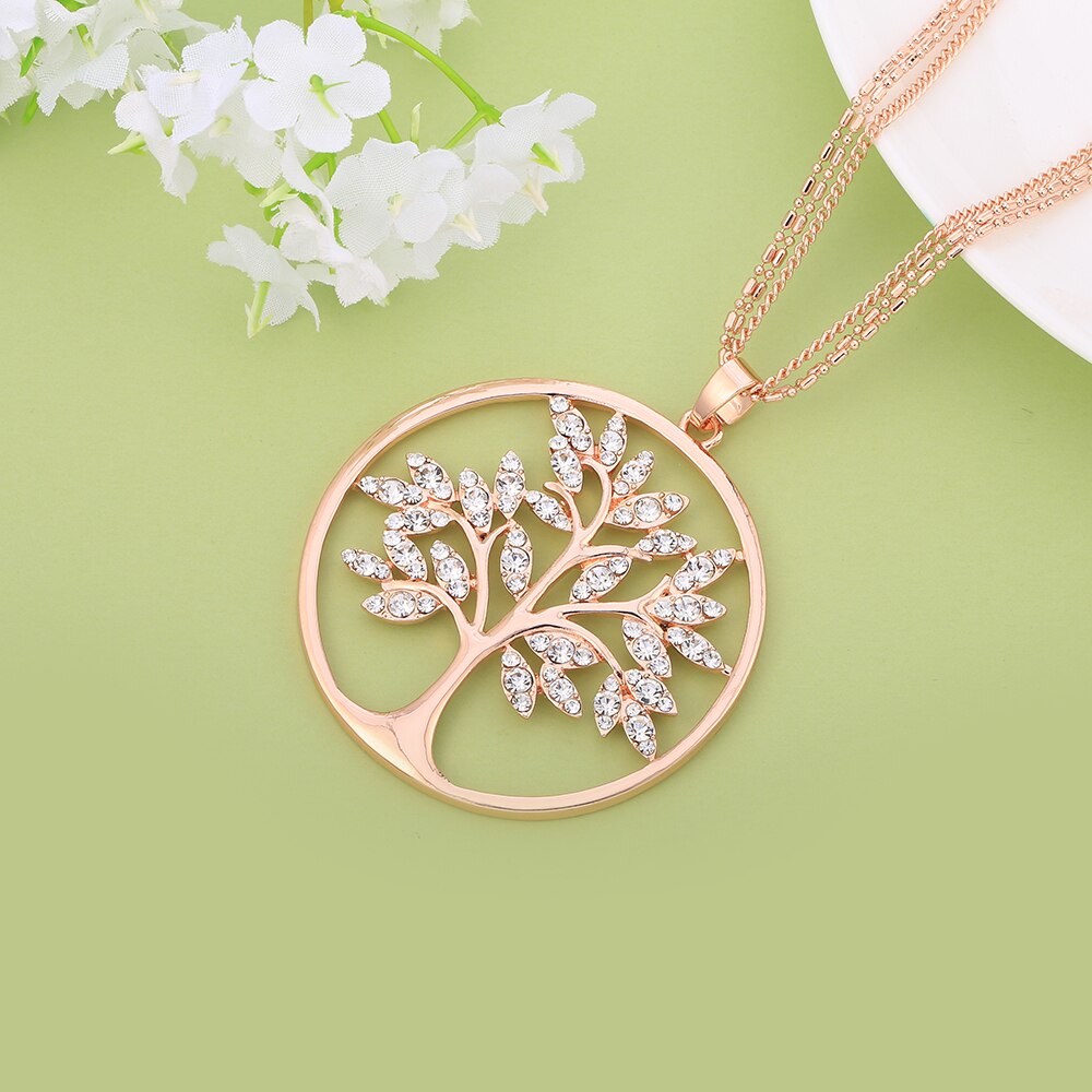Tree Of Life Necklace Gold Color Long 3-layer Composite Chain Big Crystal Round Pendant Necklaces For Woman Jewelry
