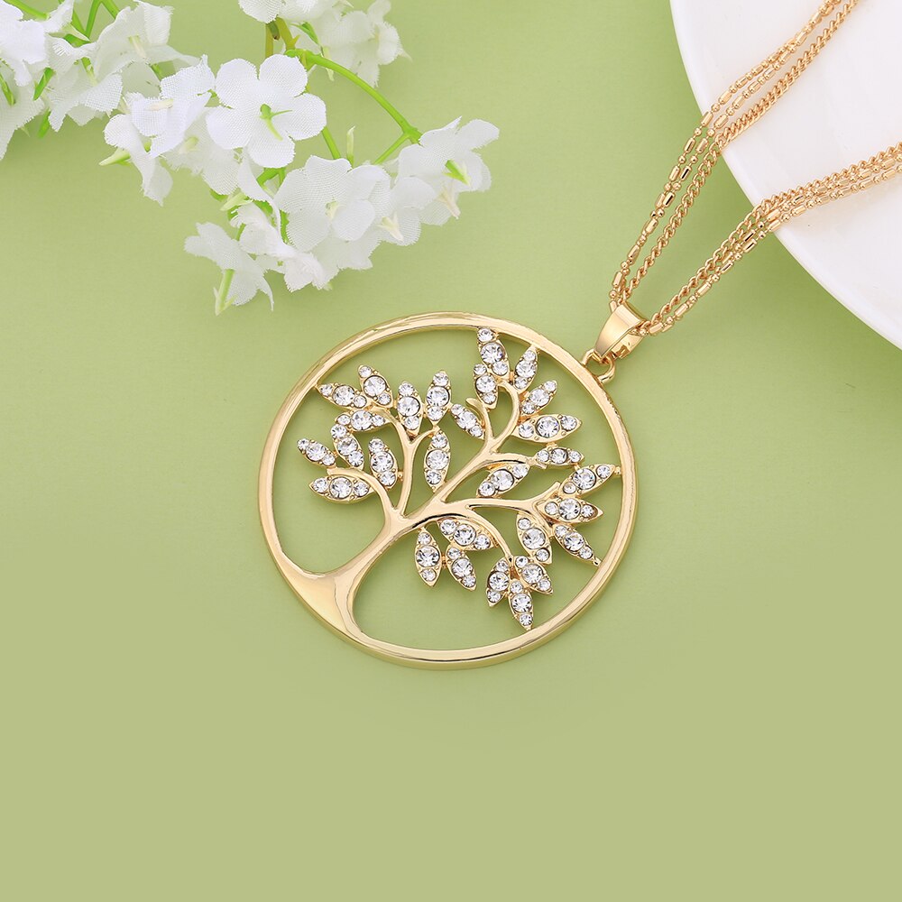 Tree Of Life Necklace Gold Color Long 3-layer Composite Chain Big Crystal Round Pendant Necklaces For Woman Jewelry