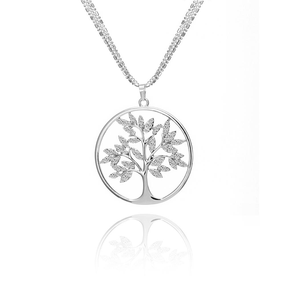 Tree Of Life Necklace Gold Color Long 3-layer Composite Chain Big Crystal Round Pendant Necklaces For Woman Jewelry