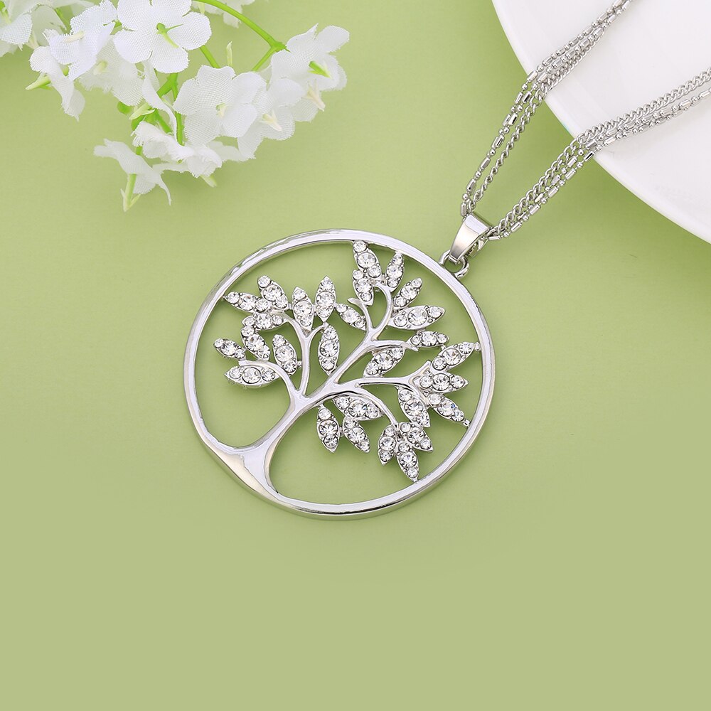 Tree Of Life Necklace Gold Color Long 3-layer Composite Chain Big Crystal Round Pendant Necklaces For Woman Jewelry