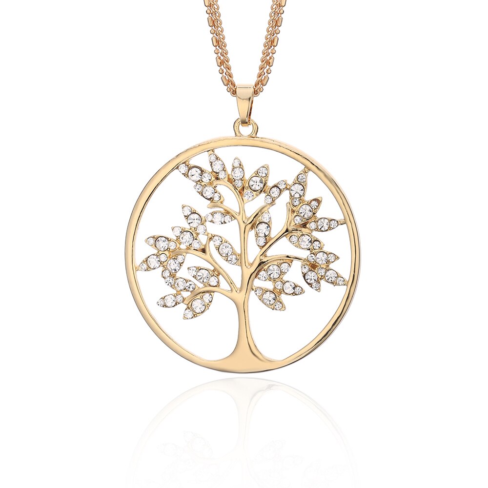 Tree Of Life Necklace Gold Color Long 3-layer Composite Chain Big Crystal Round Pendant Necklaces For Woman Jewelry
