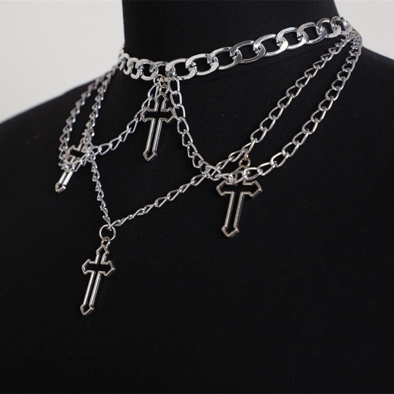 Women's Gothic Cross Pendant Choker Chains Necklace, Hip Hop Gypsy Club Accessories Jewelry