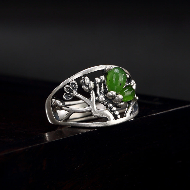 New Arrival silver S925 Pure Silver Antique inlaid natural Hetian jade jade lotus butterfly lady open ring finger ring