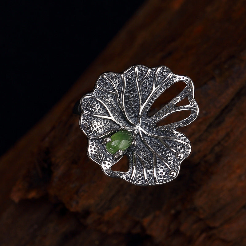 New Arrival silver S925 pure silver lotus lotus natural Hetian jade Jasper opening Sterling Silver Lady ring   ring