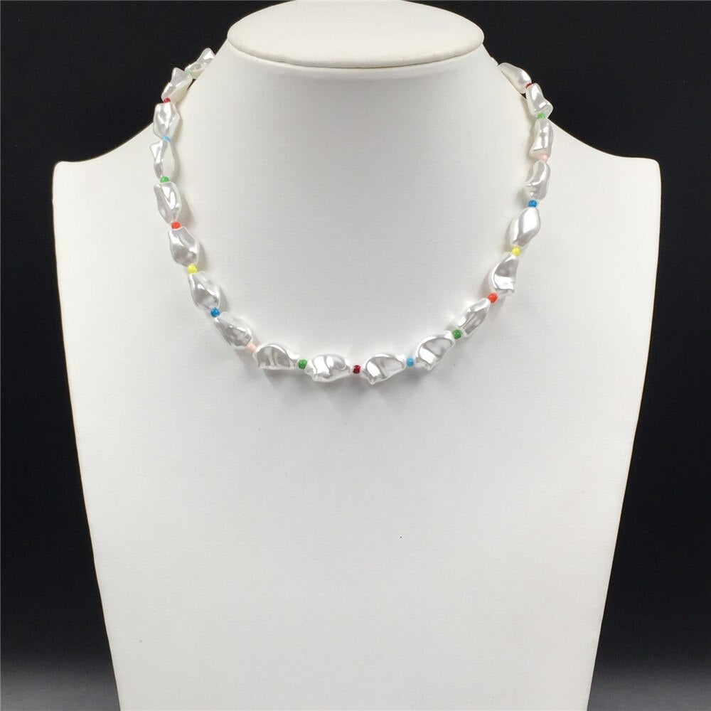 s Irregular White Pearl with Colorful Bead Strand Necklace For Women Girl Elegant Gorgeous Statement Lovely Jewelry