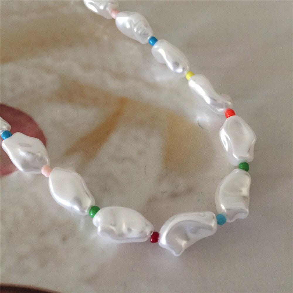 s Irregular White Pearl with Colorful Bead Strand Necklace For Women Girl Elegant Gorgeous Statement Lovely Jewelry
