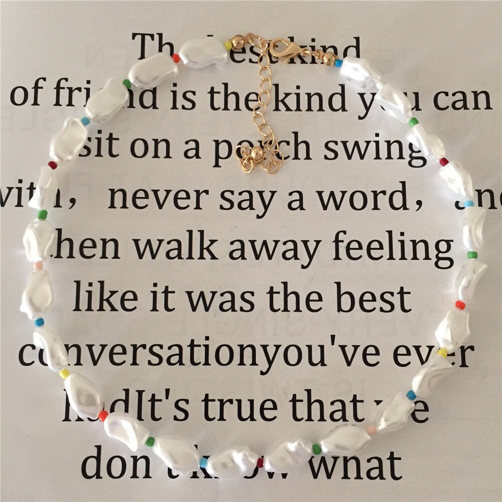 s Irregular White Pearl with Colorful Bead Strand Necklace For Women Girl Elegant Gorgeous Statement Lovely Jewelry