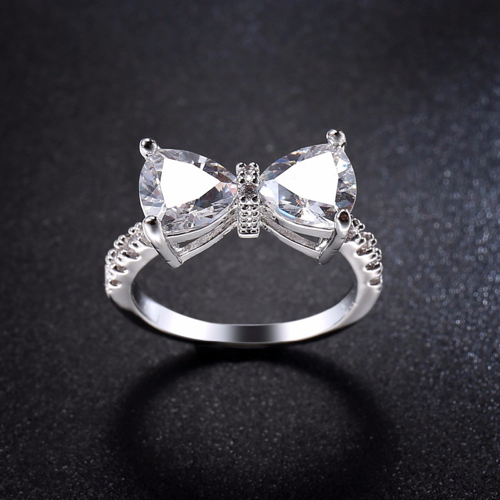 New Arrive Lovely Bowknot Design Female 925 Sterling-Silver-Jewelry Ring with Micro Paved Bow Tie CZ Stones for Party and Dating