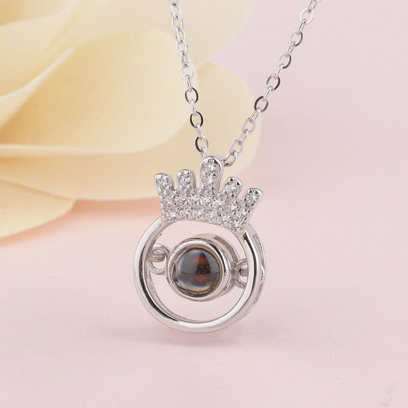 New Arrive S925 Sterling Silver Crown Projection 100 Languages I Love You Charm Pendant Necklace for Women Choker Lover Gift