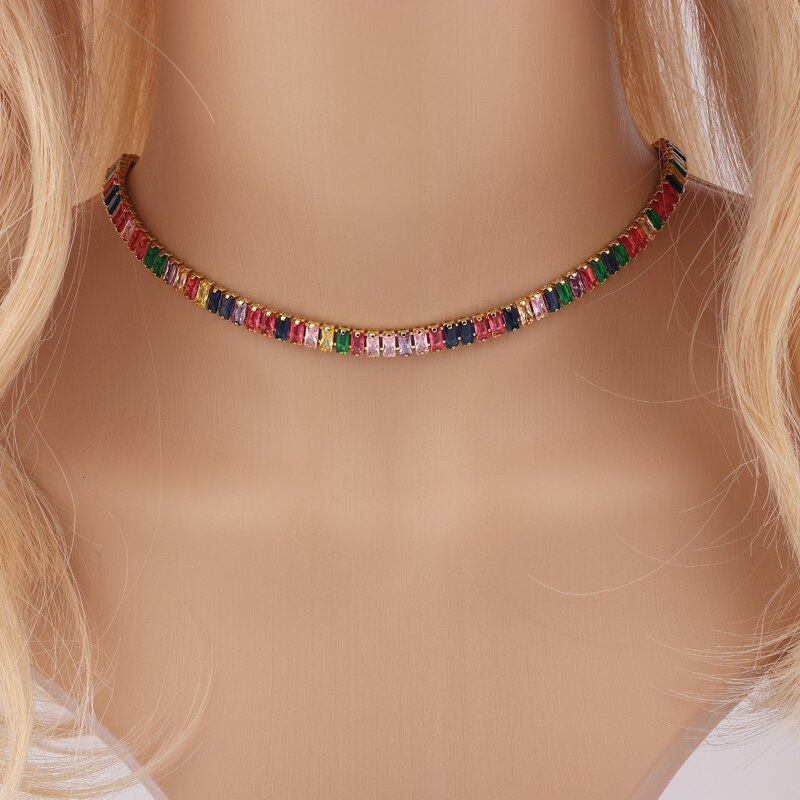 Arrived Gold Filled Choker Necklace Rainbow CZ Wide Tennis Chain Colorful Cubic Zircon Charm collar jewellery bijoux femme