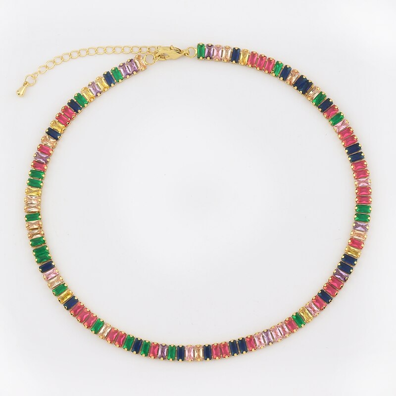 Arrived Gold Filled Choker Necklace Rainbow CZ Wide Tennis Chain Colorful Cubic Zircon Charm collar jewellery bijoux femme