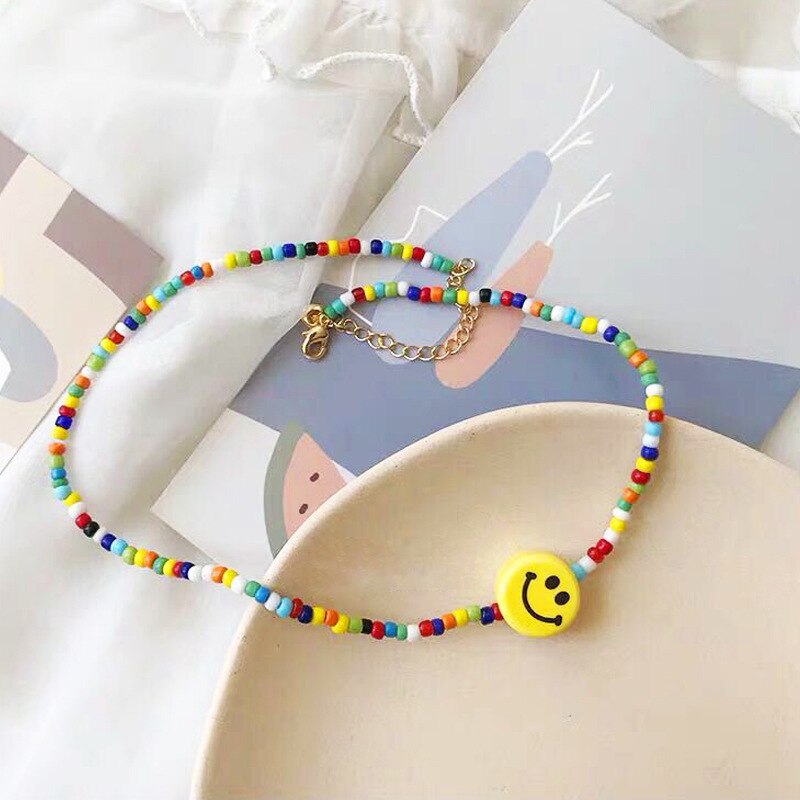 Beaded Necklace Bohemian Short Chain Necklace Smile Colorful Rice Bead Popular Necklace Necklaces for Women