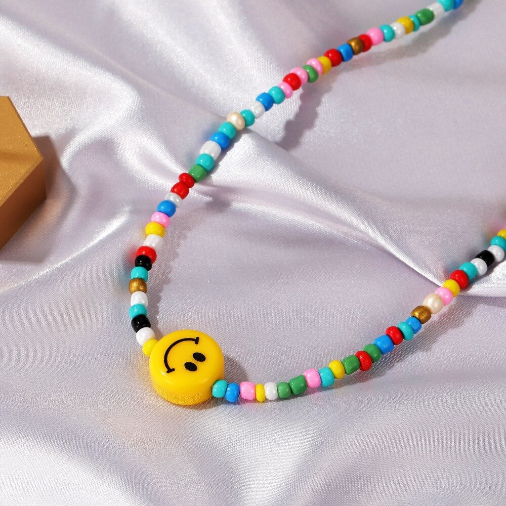 Beaded Necklace Bohemian Short Chain Necklace Smile Colorful Rice Bead Popular Necklace Necklaces for Women