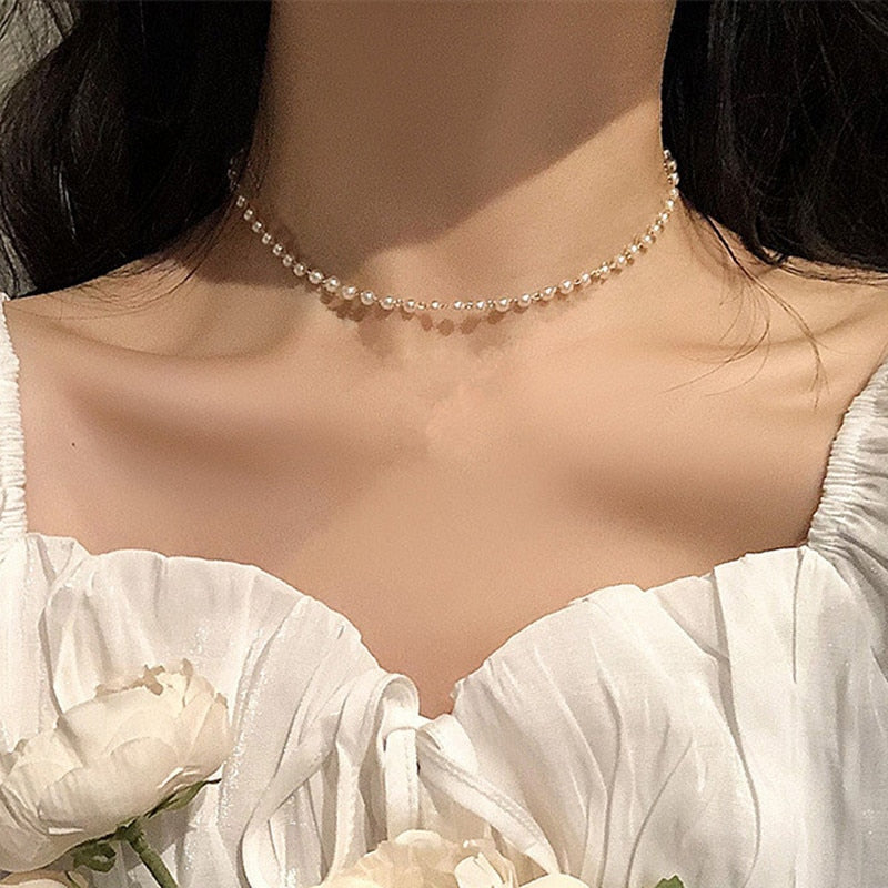 Beads Women's Neck Chain Kpop Pearl Choker Necklace Gold Color Goth Chocker Jewelry On The Neck Pendant 2021 Collar For Girl
