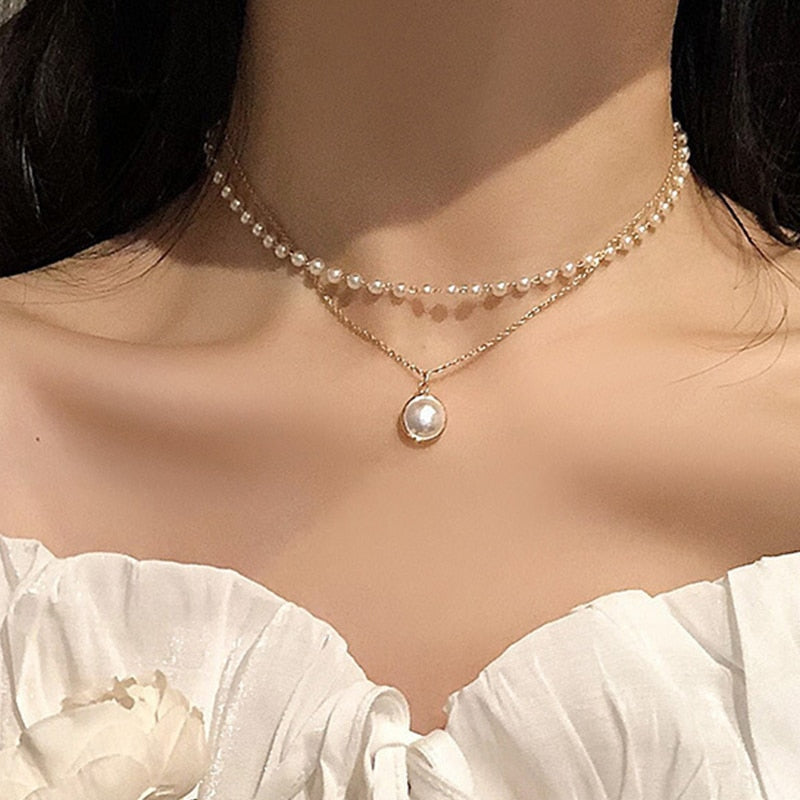 Beads Women's Neck Chain Kpop Pearl Choker Necklace Gold Color Goth Chocker Jewelry On The Neck Pendant 2021 Collar For Girl