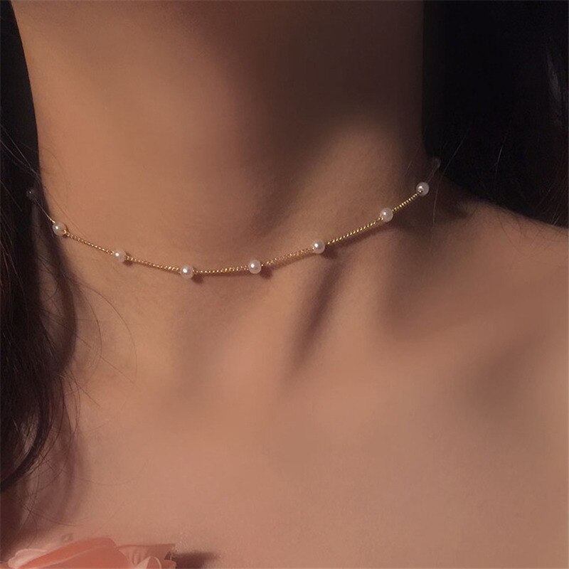 Beads Women's Neck Chain Kpop Pearl Choker Necklace Gold Color Goth Chocker Jewelry On The Neck Pendant 2021 Collar For Girl