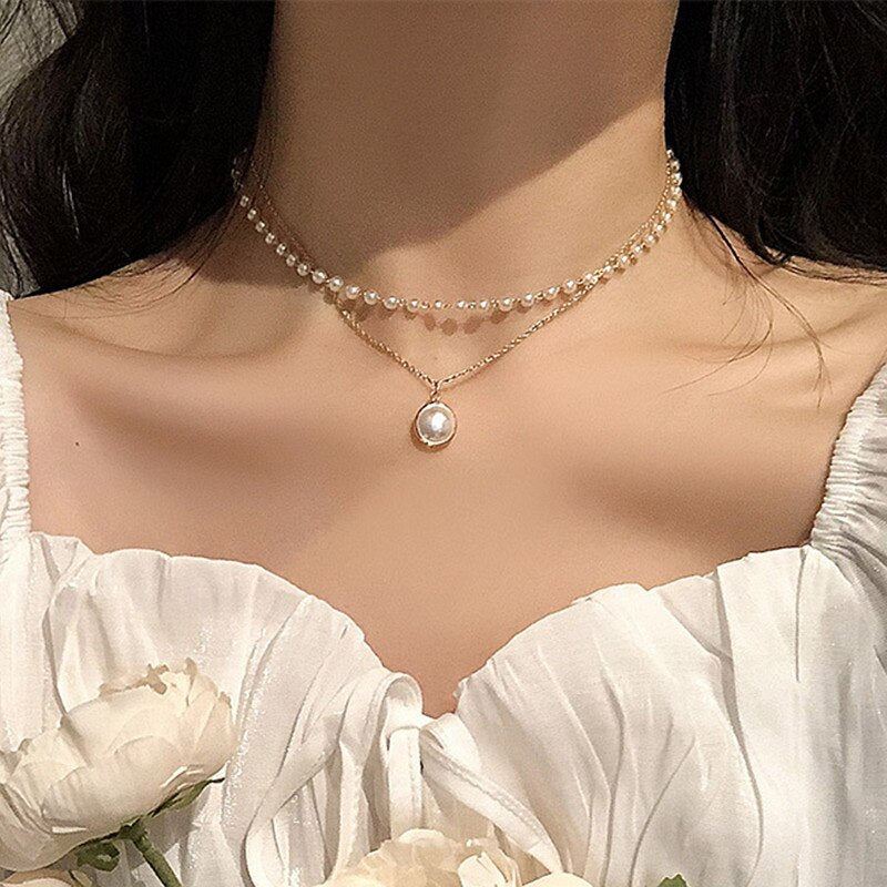 Beads Women's Neck Chain Kpop Pearl Choker Necklace Gold Color Goth Chocker Jewelry On The Neck Pendant 2021 Collar For Girl