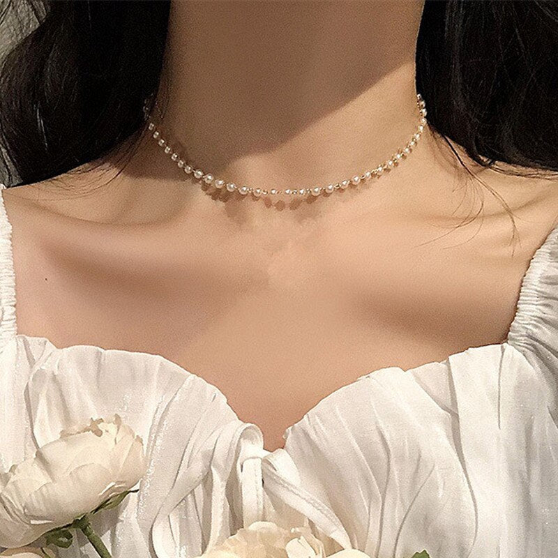 Beads Women's Neck Chain Kpop Pearl Choker Necklace Gold Color Goth Chocker Jewelry On The Neck Pendant 2021 Collar For Girl