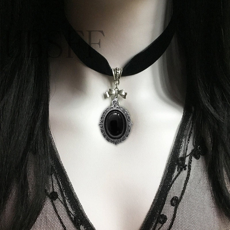 Black Velvet Choker Necklace, Gothic Victorian Black Cameo Necklace