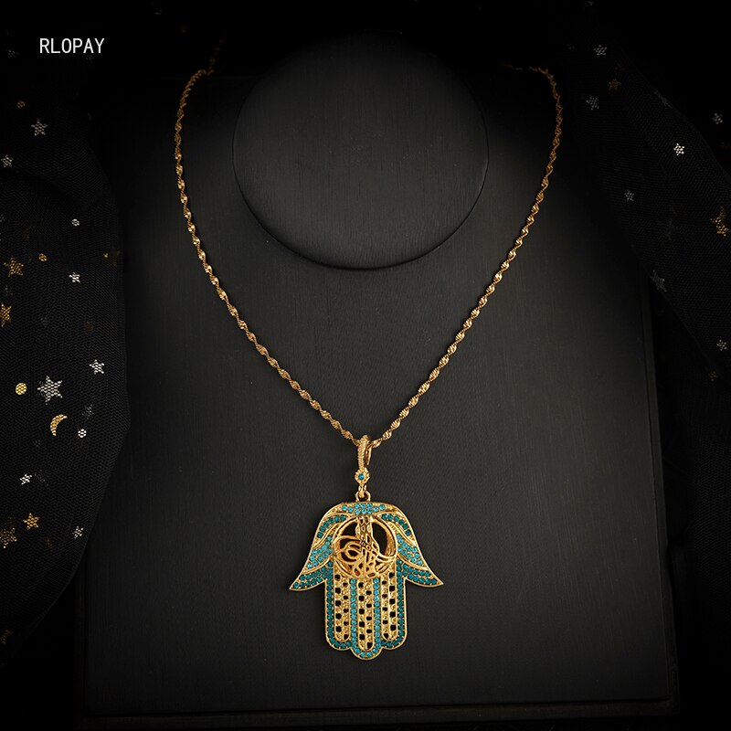 Blue Stone Fatima Hand Pendant In Gold Slid Chain Necklace Pendant for Women Arabic Muslim Lucky Jewelry for Bridal